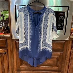Rose & Olive Blue and White Patterned Blouse